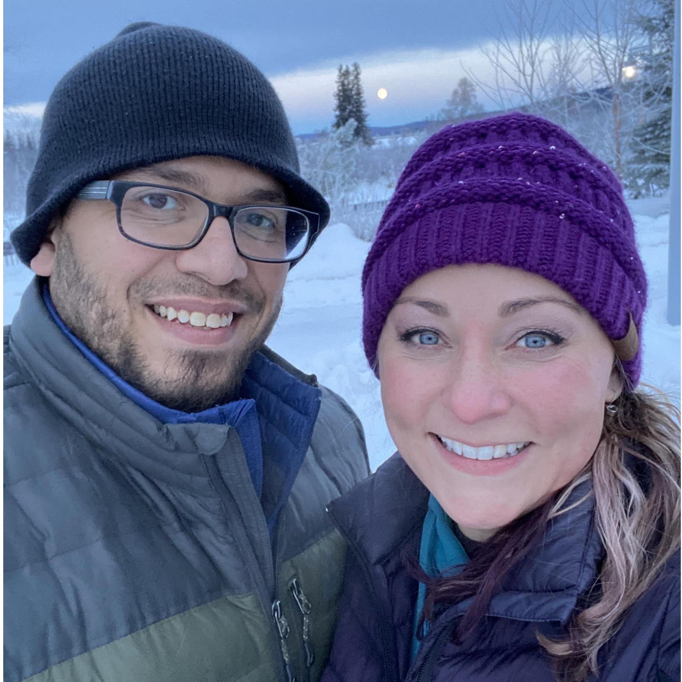 Enjoying a full moon at 4pm in downtown Fairbanks in December.