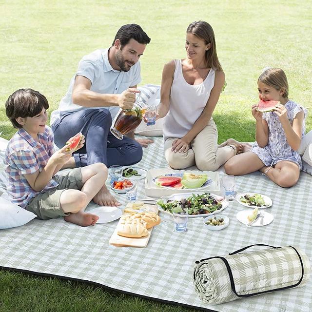 ZAZE Extra Large Picnic Outdoor Blanket, 80''x80'' Waterproof Foldable Blankets Gingham Picnic Mat for Beach, Camping on Grass (Green and White)