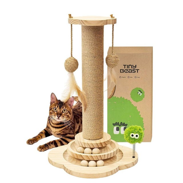 TINYBEAST Wooden Cat Scratching Post, 4 in 1 Cat Scratcher Toy with Cat Ball Tracks, 18" Tall Sisal Scratch Post for Indoor Kittens Adult Cats, Interactive Feather Toy and 2 Sisal Hanging Balls