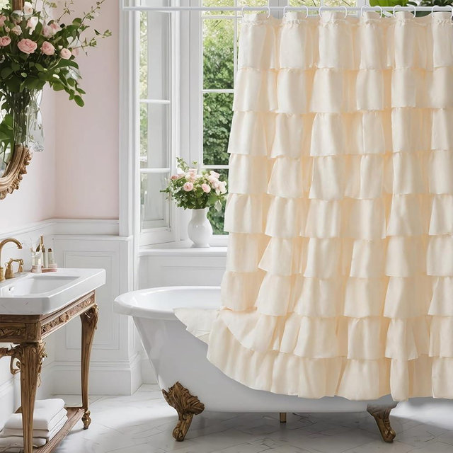 WestWeir Beige Ruffle Shower Curtain - Farmhouse Ruffled Design, Cream Boho Bathroom Curtain with Elegant Layered Ruffles, Rustic Shabby Chic Style, 72x72 Fabric Decorative Drapes