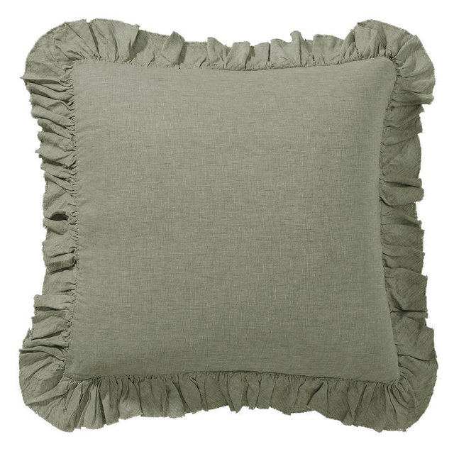 Belgian Flax Linen Fringe Ruffle Sham, Loden, Euro, Set of 2