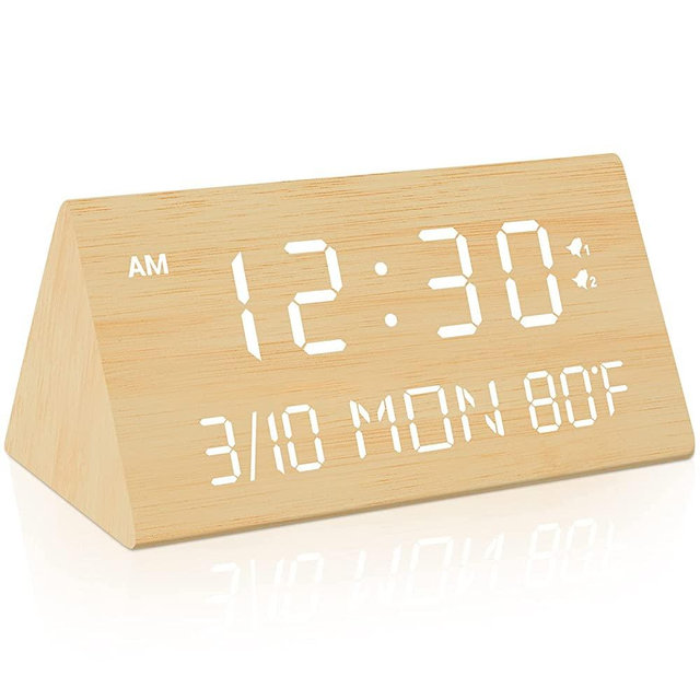Kogonee Wooden Digital Alarm Clock, 0-100% Dimmer, 2 Alarm Settings, Weekday /Everyday Mode, 9 Mins Snooze, 12/24H, Temperature and Date Display for Office, Travel, Bedroom Alarm Clock (Bamboo)