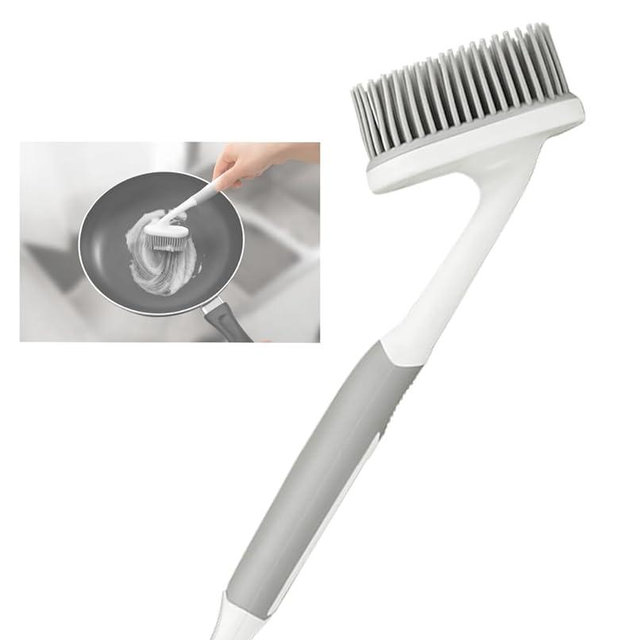 Dish Scrubber, Silicone Soft Bristles Scrub Brush with Scraper Tip, Comfortable Grip Brushes for Kitchen Sink, Pans, Pots, Skillet, Vegetable, Fruit, Potato Cleaning (Grey Style2)