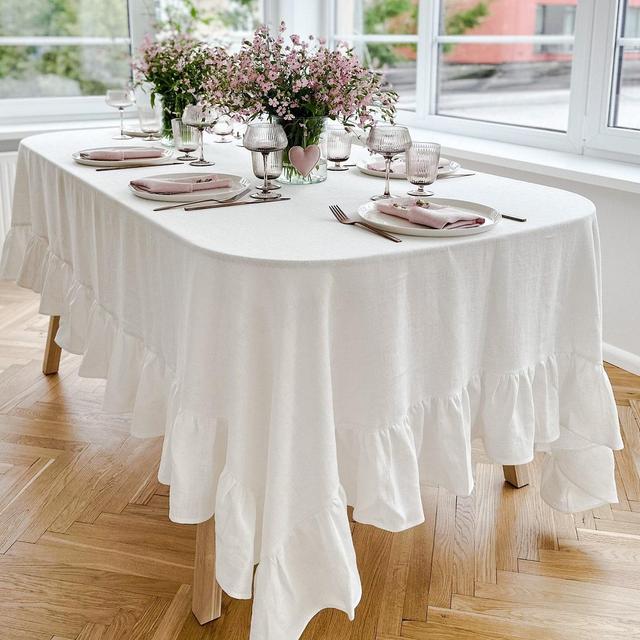 Elegant Wedding and Event Linen Tablecloth with ruffles in off white/Soft Linen tablecloth in cream white/Dinner tablecloth/free shipping