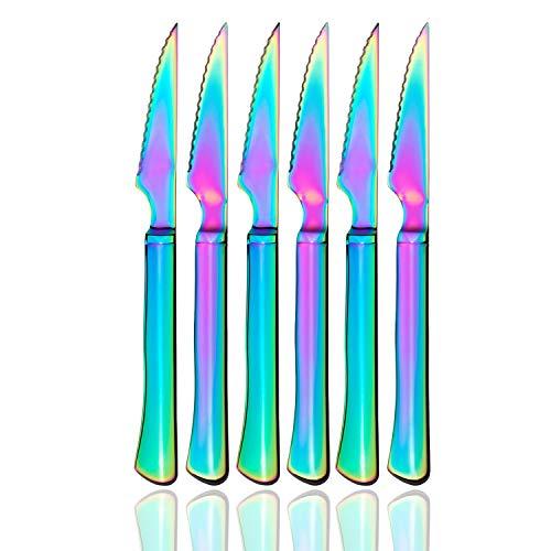 Multi-color Ultra-Sharp Serrated Solid Handle Steak Knives, Colorful Silverware Flatware Cutlery Set of 6-Piece, Iridescent Stainless Steel Utensils, Dishwasher Safe (Mirror Rainbow)