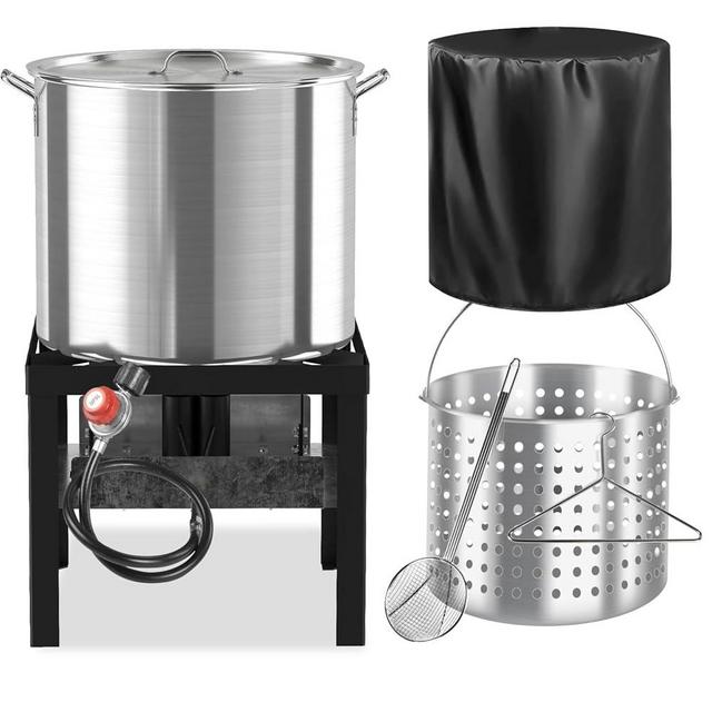 80QT Seafood Boil Pot with 60QT Basket | Dust Cover | 16-Inch Skimmer | Crawfish Boiler & Crab Boil Pot | 110,000BTU Jet-Burner | 20PSI CSA Certified Regulator | Ideal for Outdoor Cooking