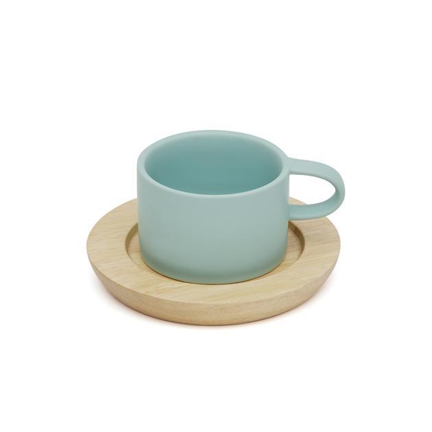 Mia Mug & Wood Saucer Set -- Aqua