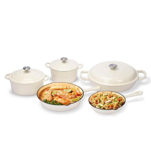 Enameled Cast Iron Cookware Set, 8 Piece Set of Dutch Ovens, Sauce Pan, Skillet, 3 Lids, Dutch Oven Set, Ceramic Coated Cast Iron, Gas/Induction Compatible, PFA Free, Come with Organizer, Cream White