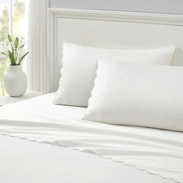 Peri Home Queen Size Sheet Set, 4 Piece Bed Sheets, Breathable Soft 300 TC 100% Cotton with Embroidered Scalloped Edge, 1 Flat Sheet, 1 Fitted, 2 Pillowcases, Queen, White with White Scallop