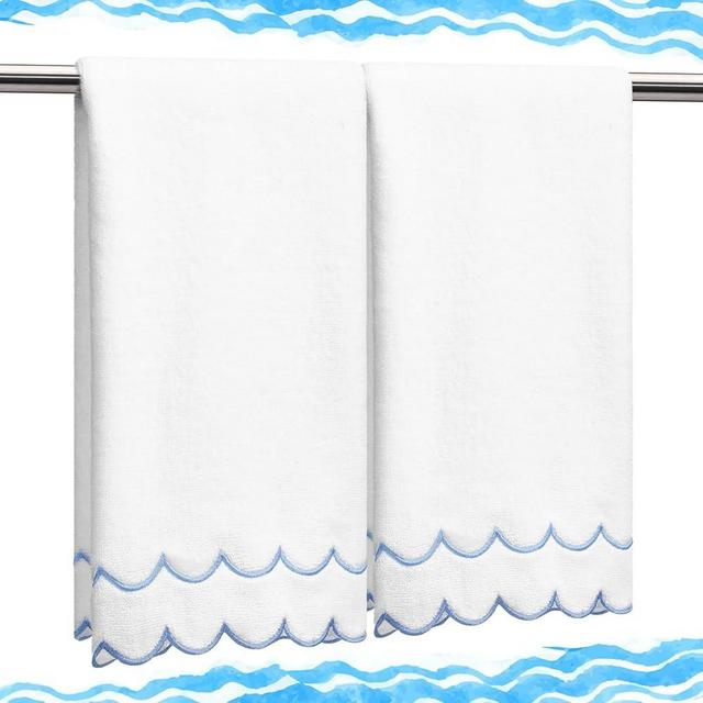 Hahafelt 2pcs 100% Cotton Hand Towels for Bathroom Embroidered Decorative 15.75 x 27.56 Inch Scalloped Hand Towels White 500 GSM Soft Absorbent Hand Face Towel for Bathroom Hotel Spa Sport Yoga (Blue)