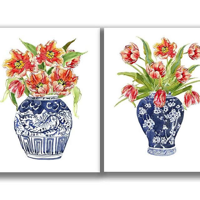 Red Florals in Blue&White Chinoiserie Porcelain Vase Wall Art Prints - Set of 2 11x14 UNFRAMED Watercolor Tulip Flowers in Antique Chinese Jars. Bright, Colorful Red, Blue & Green Wall Decor.