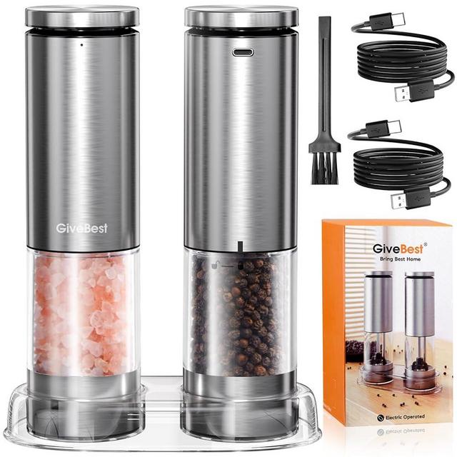 Upgraded Larger Capacity, GvieBest Electric Salt and Pepper Grinder Set Rechargeable, Stainless Steel Pepper and Salt Grinder Mill, Automatic Pepper Shakers with Adjustable Coarseness
