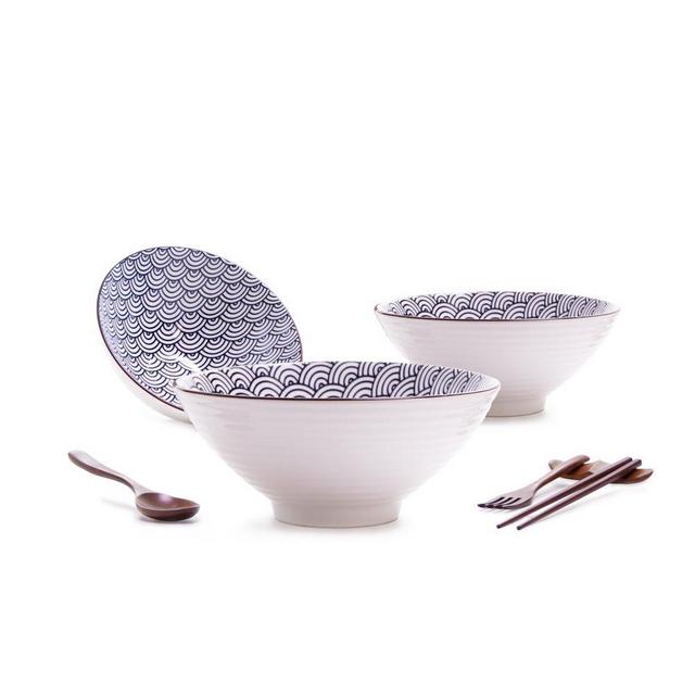3 Ramen Bowls Sets (15 piece) Ceramic Large Pho Noodles Bowl Set. Waves Pattern. Asian Chinese Japanese or Pho Soup 37oz. Fork Spoon Chopsticks and Stands. By Vallenwood.