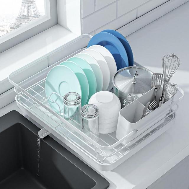 Kitsure Dish Drying Rack- Space-Saving Dish Rack, Dish Racks for Kitchen Counter, Durable Stainless Steel Kitchen Drying Rack with a Cutlery Holder, White