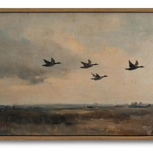 KISSFOX Vintage Framed Wall Art Country Farmhouse Flying Ducks Canvas Art Prints Rustic Landscape Pictures Wall Decor Cottagecore Aesthetic Paintings Artwork For Kitchen Bathroom Bedroom Living Room