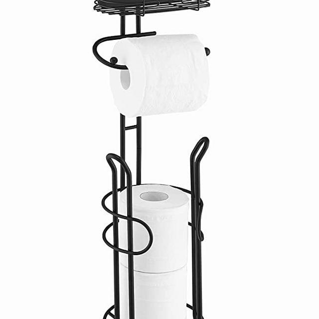 SunnyPoint Bathroom Heavyweight Toilet Tissue Paper Roll Storage Holder Stand with Reserve and Shelve, The Reserve Area Has Enough Space to Store Mega Rolls. (Black)