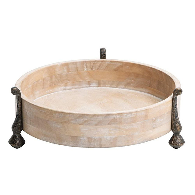 NIKKY HOME Round Wood Decorative Tray, Farmhouse Distressed Candle Tray, Centerpiece Decor for Coffee Bar, Kitchen Counter, Dining Room Table - Natural Wood