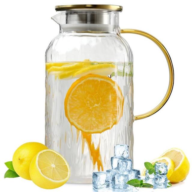 Wlasss 68 oz/2 Liter Large Glass Pitchers with Lid, Heat Resistant Glass Water Pitchers with Handle and Lid for Juice, Coffee, Milk, Cold or Hot Beverages, Easy To Clean