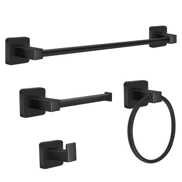 DEGULAS Bathroom Hardware Set 4 Pieces, Matte Black Stainless Steel Towel Bar Set, Includes 20In Towel Bar, Towel Ring, Robe Towel Hooks,Toilet Paper Holder, Bathroom Towel Rack Set
