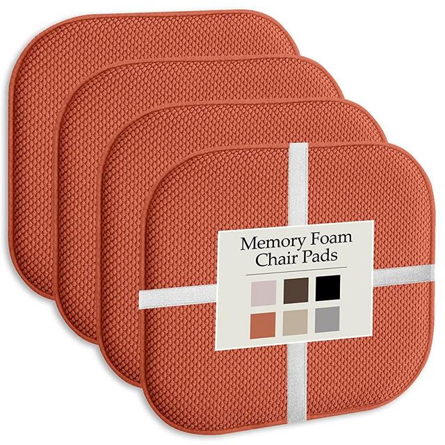 Memory Foam Chair Pads by lalaLOOM, Slip Resistant Seat Cushion Pad, 4 Pack, Machine Wash Thick Comfortable Durable Soft Mat Cushions for Kitchen or Dining Room Chairs, Office Computer Desk, Rust