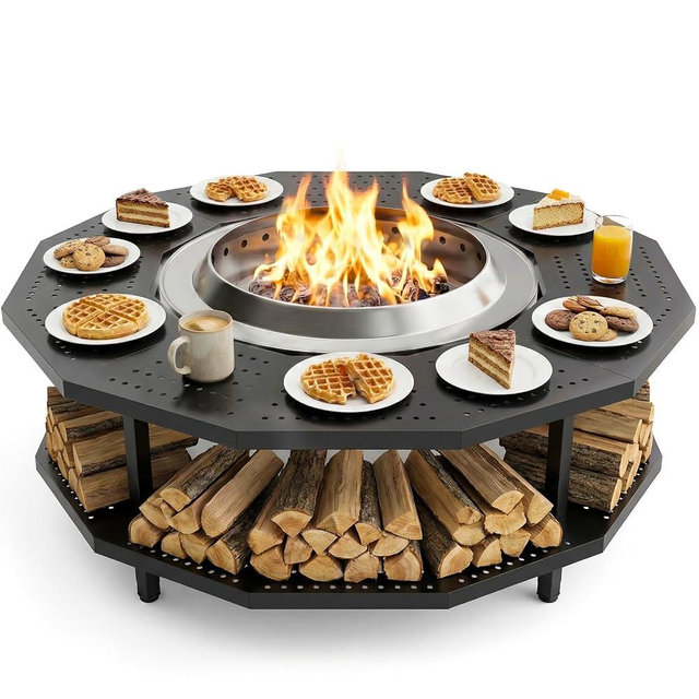 48" Fire Pit Surround Tabletop for Solo Stove Yukon Portable Protective Barrier for Wood Burning Fire Pits Outdoor Bonfire Fire Pit with Firewood Storage Shelf