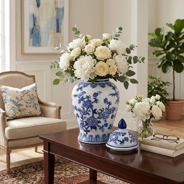 Decorative Ginger Jar for Home Decor – Ceramic Jar With Lid, Chinoiserie Pattern, Large Tabletop Accent for Living Room or Entry Shelf Display, Stylish Centerpiece Decor – 18", Blue & White