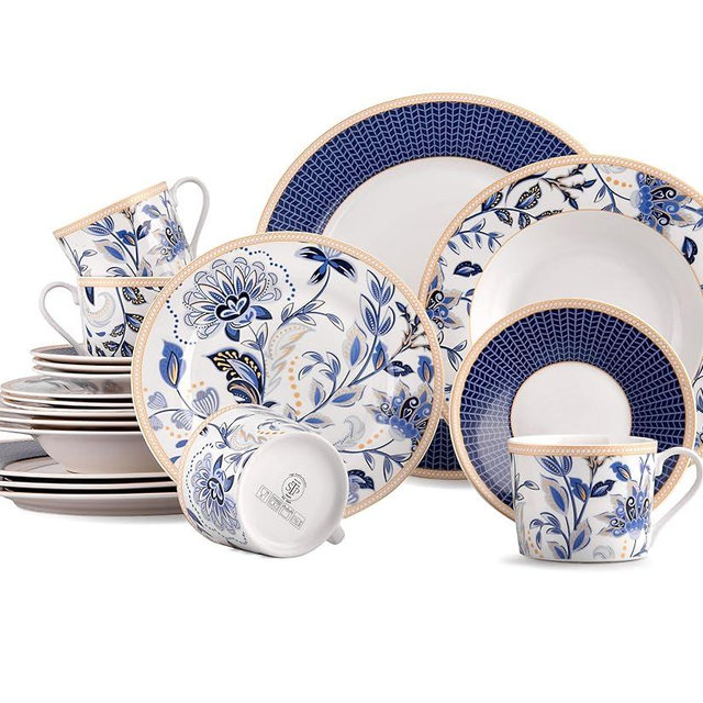 STP GOODS Bone China Dinnerware Set of 20 for 4 persons, Handmade Reactive Glaze Dishes Set,Chip Resistant and Scratch Resistant | Oven&Dishwasher & Microwave Safe (Melodie de Fleurs), 229574