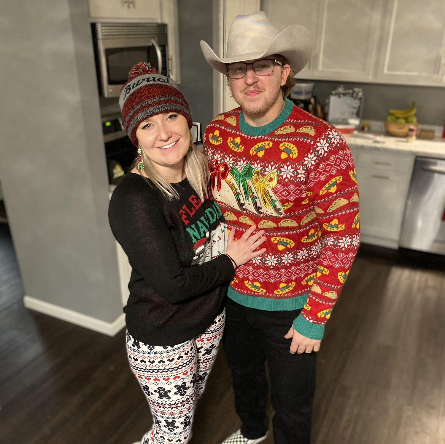 Erik winning KB's ugly Christmas sweater contest