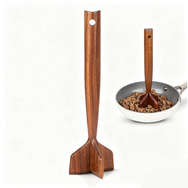 Wooden Ground Beef Masher, Heavy Duty Meat Chopper for Ground Beef, Natural Wood Hamburger Masher, Non-Scratch Meat Grinder for Nonstick Cookware, Kitchen Tool for Beef, Turkey, Sausage