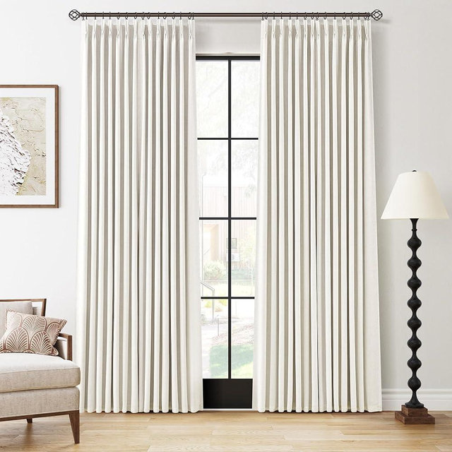 100% Blackout Pinch Pleat Linen Curtains 84 Inch Length for Bedroom 2 Panels Dual Layer Natural Blackout Drapes with Pinch Pleated Hooks Thermal Insulated Room Darkening Living Room Curtains Cream