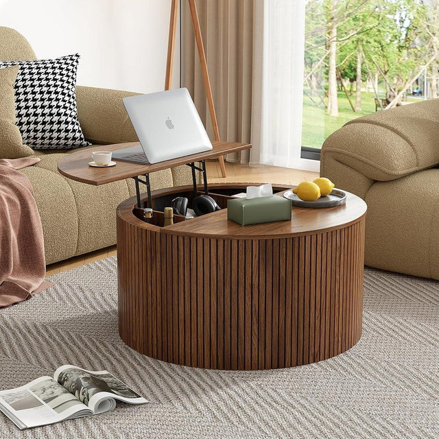 LCVTND Mid Century Round Fluted Lift Top Coffee Table, Modern Center Table with Storage and Compartment, 2 Tier Small Circle Dining Table, for Living Room, Home Small Space, Walnut Oak-1