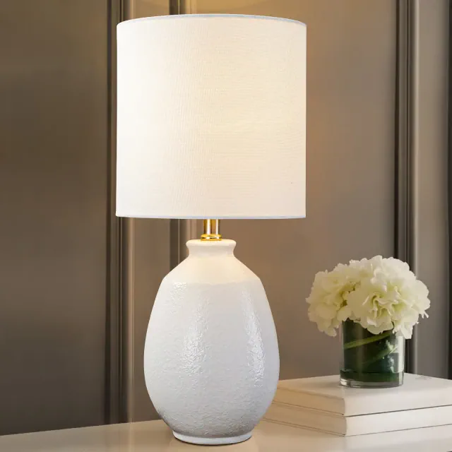 C Cattleya 19.75in. White Bubble Glaze Ceramic Table Lamp with White Linen Shade and Brushed Nickel Lamp Neck