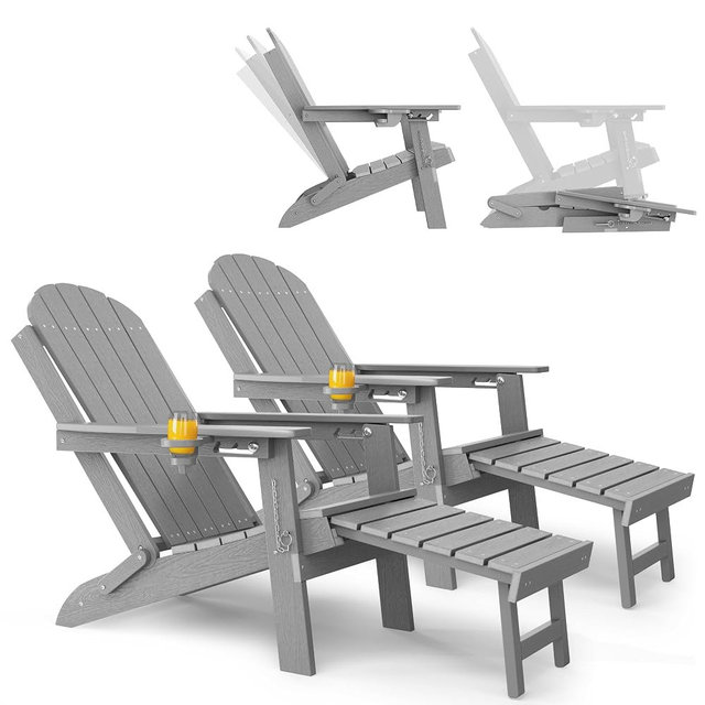 YEFU Adirondack Chairs Set of 2 for Outdoor: Folding Adirondack Chairs with Retractable Ottoman & Cup Holder - HDPE Plastic Adjustable All-Weather Chair for Patio/Pool/FirePit- Easy Assembly(Grey)