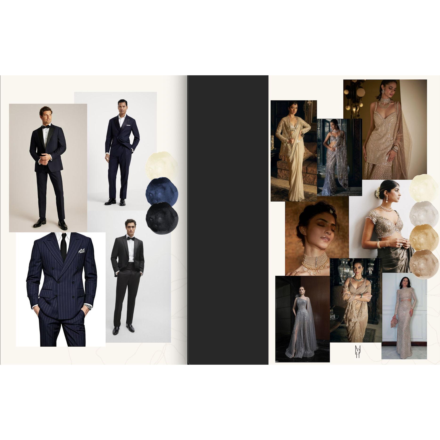 RECEPTION: A night under the stars—bring your best statement look. Metallics for women, sleek dark tones for men. Go bold with accessories, feel suave, and try to outshine the couple!