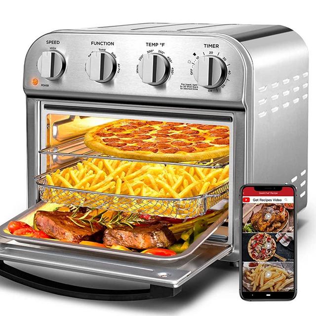 Geek Chef Air Fryer Toaster Oven Combo, 4 Slice Toaster Convection Air Fryer Oven Warm, Broil, Toast, Bake, Air Fry, Oil-Free, Accessories Included, Stainless Steel, Silver (4 Knob 14QT)