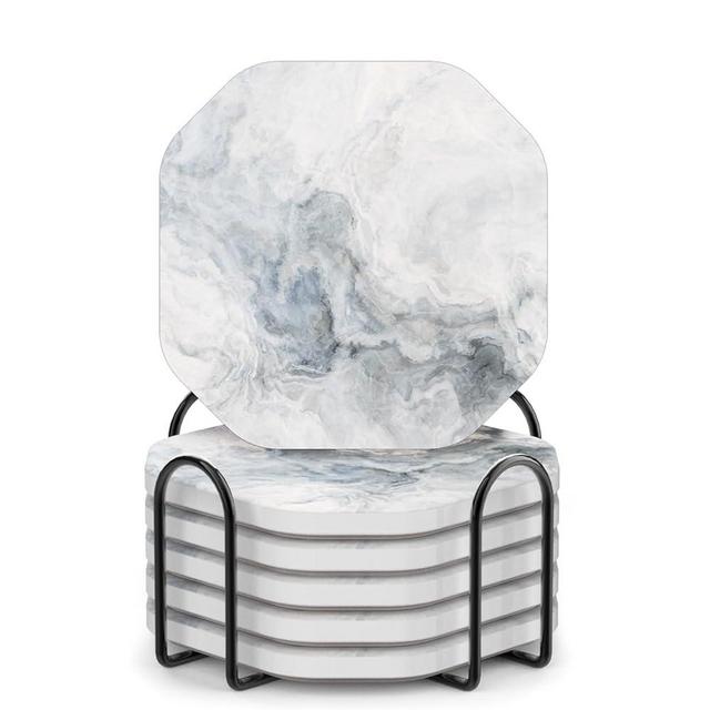 UMIRRO Ceramic Stone Coasters for Drinks Absorbent with Holder for Wooden Coffee Table, Stoneware Cup Coasters for Iced Cold or Hot Drinks, White Marble Style, Gold, 4" Set of 6