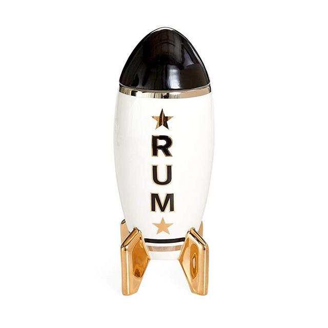 Jonathan Adler Rum Rocket Decanter, 5” W, 5” D, 10.5” H, White/Black/Gold