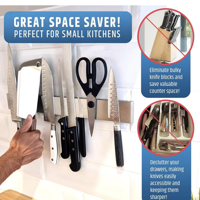 17" Strong Adhesive (No Drill) Magnetic Knife Holder for Wall - Professional Knife Strip - No Screws Needed - Adhesive Backing - Stainless Steel Knife Bar (Upgraded Version – Will Not Fall)