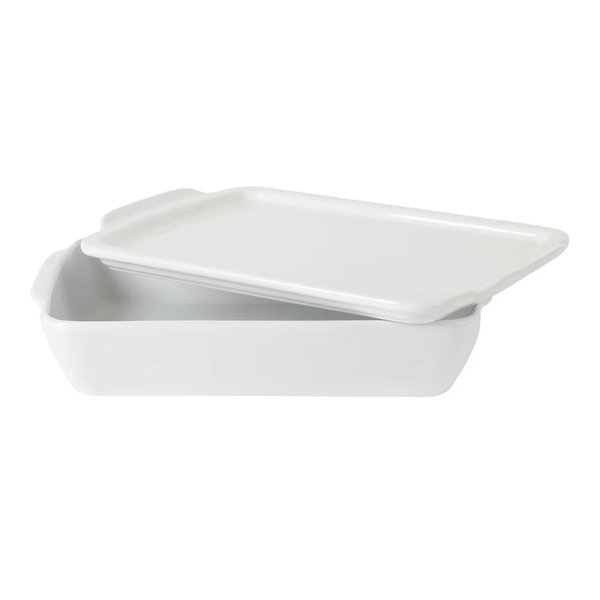 Gibson Home Gracious Dining 2.6-Qt White Stoneware Covered Baking Dish w/Multi-Purpose Lid – 12.7" x 9" Rectangular Oven Safe Casserole, Lasagna & Roasting Baker, Lid Doubles as Serveware or Trivet