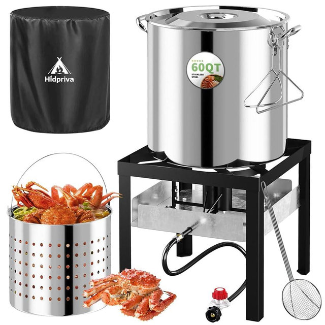 Hidpriva Stainless Steel 60QT Crawfish Boiler Kit, Waterproof Cover & 12-inch Skimmer, 110,000BTU Propane Burner Stove, 0-20PSIG Regulator, Seafood Boil Pot, Crab Boil Pot with 50QT Basket