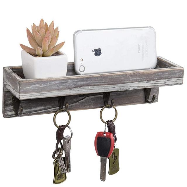 MyGift Rustic Torched Wood Small Wall-Mounted Entryway Shelf with 4 Vintage Key Hooks