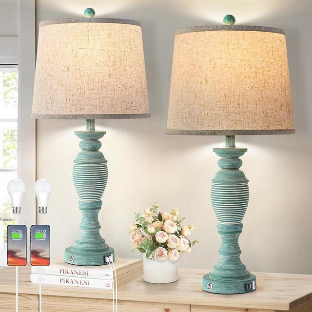 Ireliare 27.7" Farmhouse Table Lamps Set of 2, 3 Way Dimmable Touch Lamps for Living Room with Dual USB Ports, Bedroom Lamps for Nightstand, Oatmeal Linen Lampshade,LED Bulbs Included