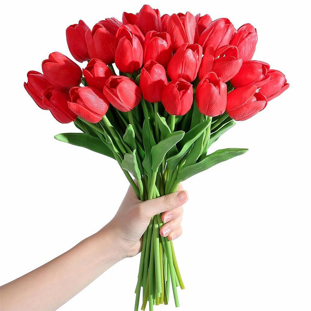 SITUMEIZI 15pcs Red Fake Tulips Artificial Flowers Real Touch Red 14" Silk Flower for Home Kitchen Decor Spring Easter Wedding Bouquet Decorations Office Valentine's Day Gifts