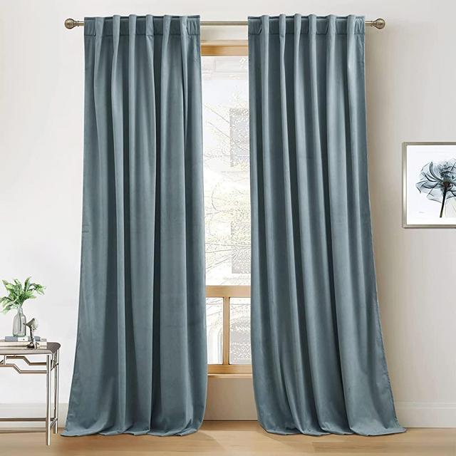 RYB HOME Blue Velvet Curtains 84 inches- Blackout Curtains for Living Room, Thermal Insulated Noise Reducing Panels Soft Luxury Window Decor for Bedroom, Stone Blue, W52 x L90 inches, 2 Panels