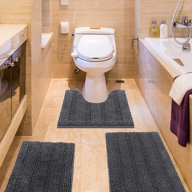 IM Home Striped Grey Bathroom Rug Set 3 Pieces Gray Ultra Soft, Non Slip Chenille Bath Carpet, Absorbent Plush Shaggy Bath Mats for Bathroom, Toilet, Bedroom, Kitchen
