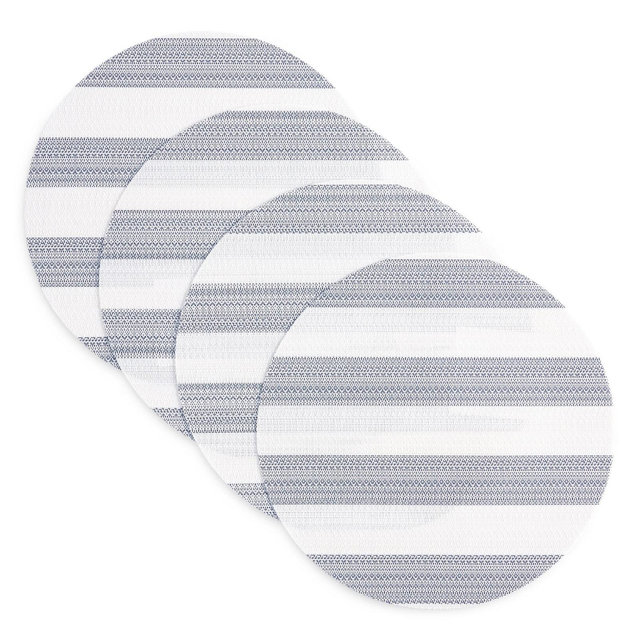 TOWN & COUNTRY BASICS Cabana Stripe Indoor Outdoor Placemats 4-Pack Set, Reversible and Easy Clean, Navy Blue/White, 15" Round