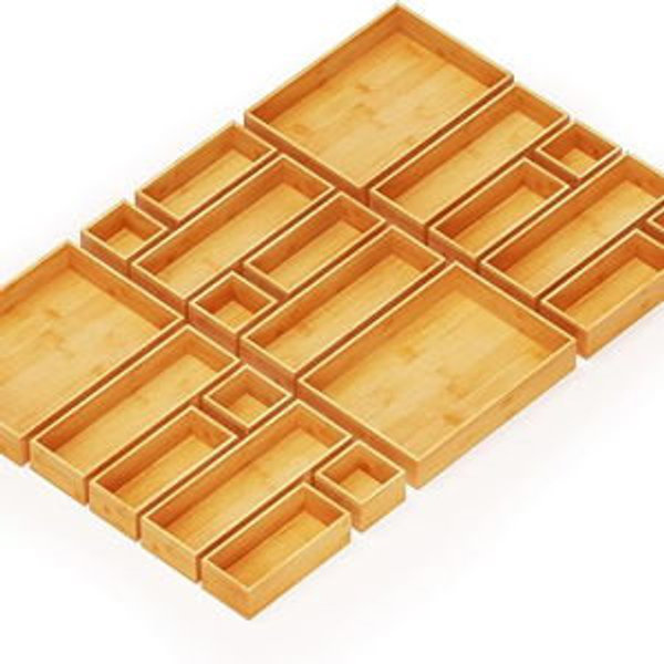 SpaceAid 21-Piece Bamboo Drawer Organizer Storage Boxes Set, Wood Tray Junk Drawer Organizers Multi-Use Divider Bins for Kitchen, Bathroom, Office Desk and Makeup Organization (21 Pack, Natural)