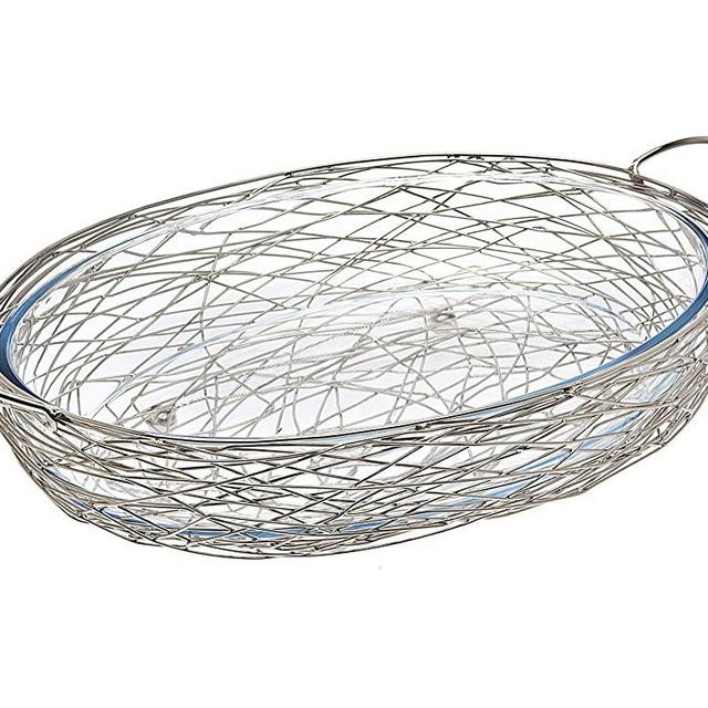 Oven to Table Glass Oval Baker, Warmer, Serving Piece with Nest Silver Base
