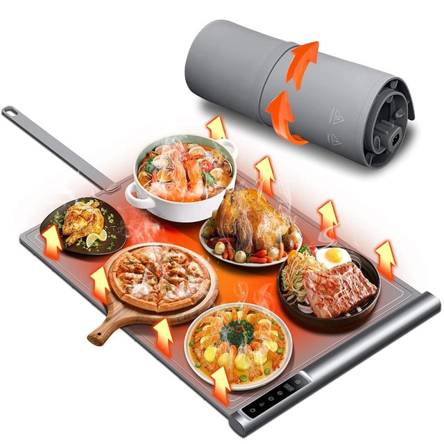 Warming Mat for Food | Max Temp 248℉,Fast Full-Surface Food Warmer with 8-Level Adjustable and Timer,Roll-Up & Portable Silicone Food Heating Pad with Child Lock,Electric Warming Tray for Buffet Party