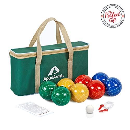 ApudArmis Bocce Balls Set, Outdoor Family Bocce Game for Backyard/Lawn/Beach - Set of 8 Poly-Resin Balls & 1 Pallino & Nylon Carrying Case & Measuring Rope (90mm)